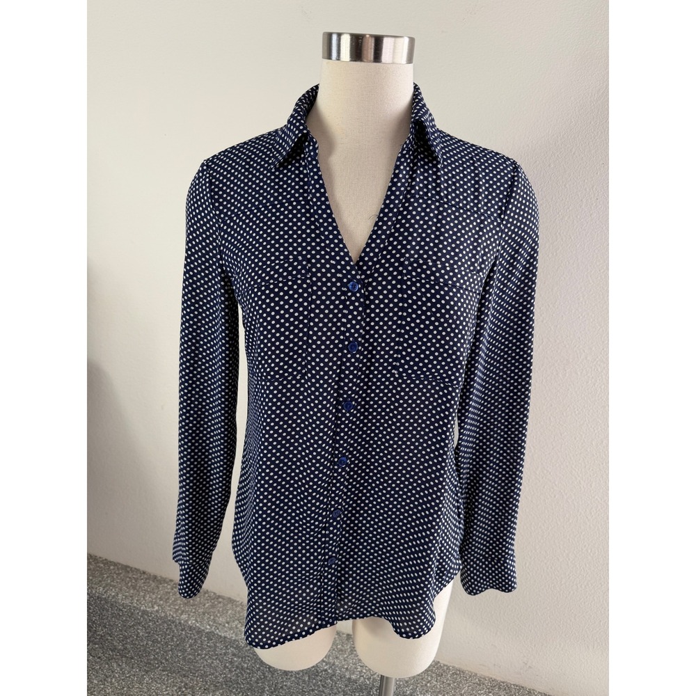 Express Portofino Shirt Womens Small Navy Blue White Polka Dot Button Up Blouse